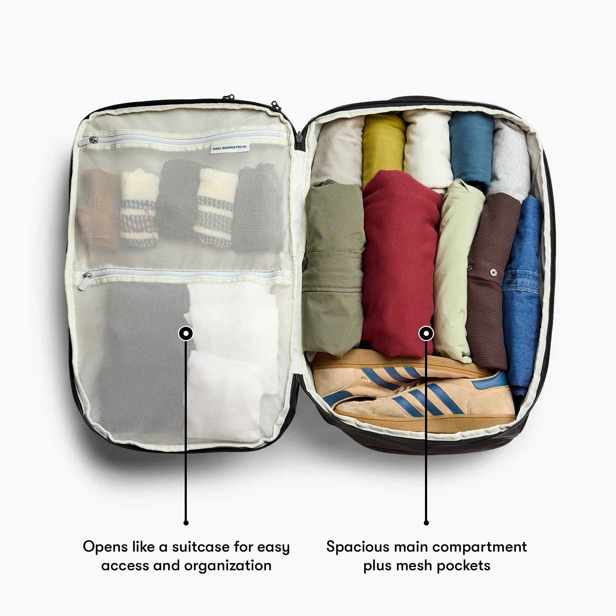 Packs like a suitcase to keep your stuff organized